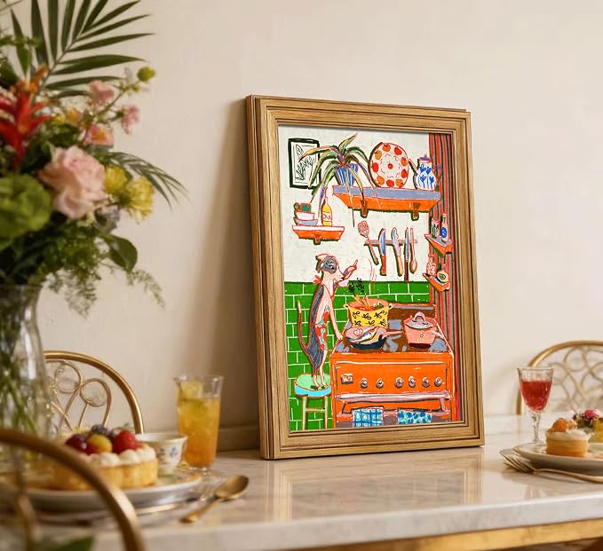Vintage Gold Framed Animal Kitchen Wall Art Funny Dog Cooking Food Picture Wall Decor Colorful Chef Poster Rustic Farmhouse Kitchen Painting Canvas Print Artwork for Dining Room Restaurant Kids Room