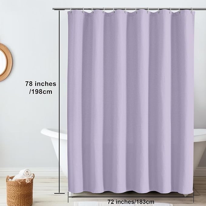 Long Fabric Shower Curtain Set, Waffle Textured Shower Curtain for Bathroom - Weight 230GSM Heavy Duty Hotel Spa Luxury Bath Curtain Set with 12 Plastic Hooks, 72Wx78L, Lavender
