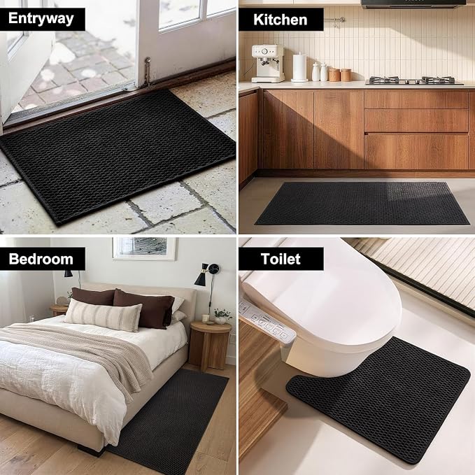 Triohero Toilet Rug, Thin Toilet Rugs U Shaped Washable Non Slip Absorbent Quick Dry Low Pile Toilet Mat, Black 20"x24" U Shape