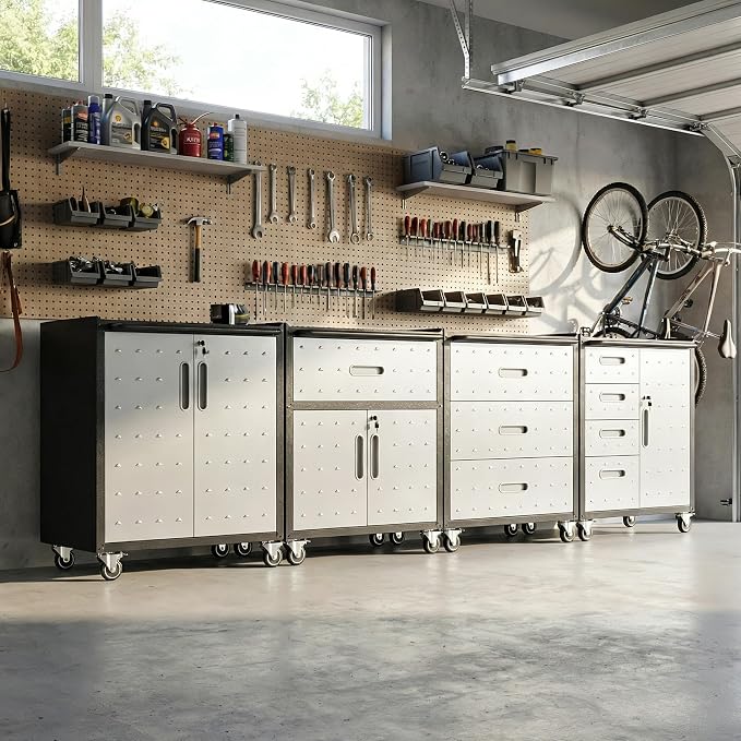 Garage Tool Cabinet Set,Heavy Duty Steel Rolling Tool Chest with Lockable Doors & Adjustable Shelves