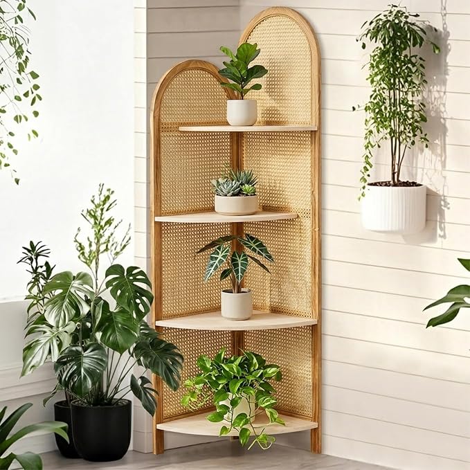 Corner Shelf Stand 4-Tier 70" Tall Corner Shelves Display Shelf | Boho Corner Bookshelf Multi Unit Organizer Rack with Pine Wood and Rattan, for Small Spaces Living Room Restaurant, Natural