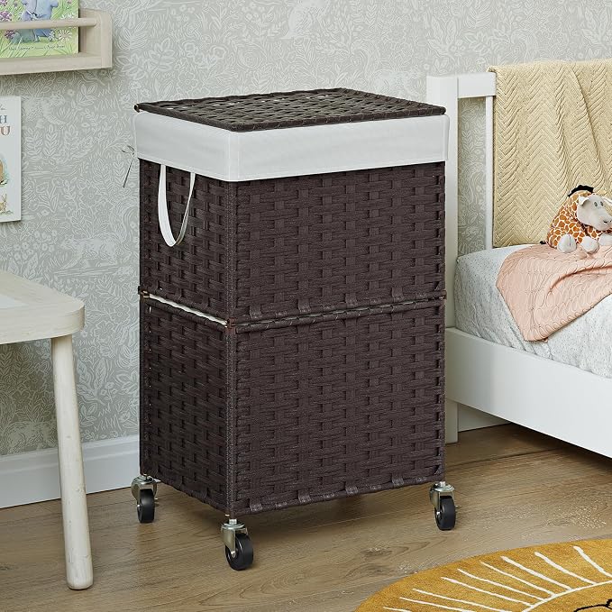 Chrislley Wicker Laundry Basket with Wheels,Rolling Laundry Hamper with Lid | 90L Slim Clothes Hamper with Wheels & Removable Liner Bag, Handwoven Rattan Laundry Organizer for Bedroom, Bathroom, Brown