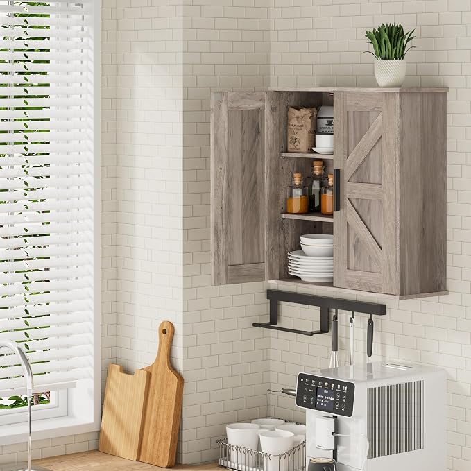 Homleke Bathroom Wall Cabinet, Medicine Cabinet with Adjustable Shelves | 3-Tier Wall Mounted Over Toilet Storage with Barn Doors, for Bathroom, Kitchen, Entryway, Laundry Room, Greige, (7.9" D)