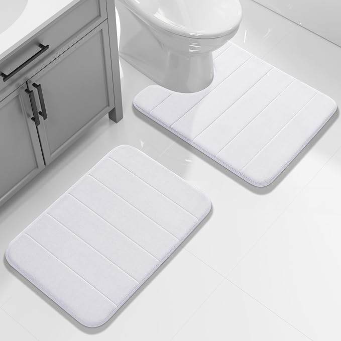 Yimobra Memory Foam Toilet Bath Mat U-Shaped, Soft and Comfortable, Super Water Absorption, Non-Slip, Thick, Machine Wash and Easier to Dry for Bathroom Commode Contour Rug, 24 X 24 Inches, White