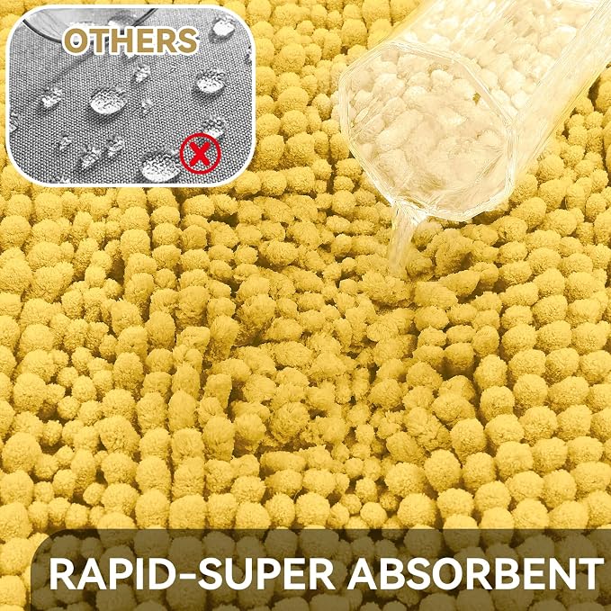 Bcoimo Small Bath Rug Mat,Yellow Chenille High Absorbent Bathroom Floor Mat | Non Slip with Rubber Backing 24x17 Bathroom Rug; Machine Washable;Extra Soft Bath Rug;High Absorbent,Quick Dry Microfiber mat
