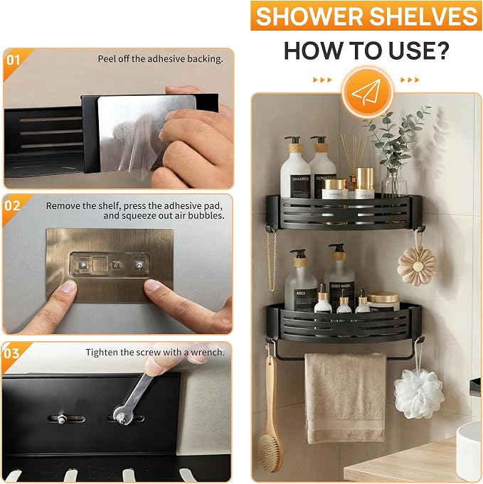 Black Adhesive Triangle Shower Caddy with Towel Bar, Soap Dish and Hooks | No-drill black triangle shower basket with towel bar, soap dish and hooks for smooth tile, glass and stainless steel walls