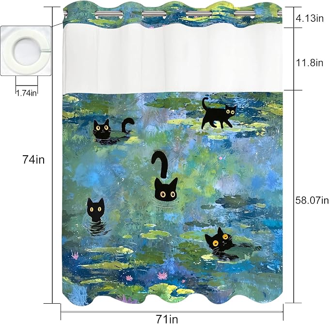Accnicc Cute Cat No Hook Shower Curtain with Snap in Liner 71×74 Inch | Funny Fun Cool Cats Monet Hookless Shower Curtains, Water lilies Bath Curtain Decor, Waterproof Washable Polyester Fabric