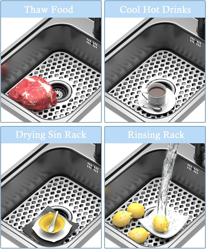 Silicone Sink Protector Kitchen Sink Mat 2 Pack 13.58"x 11.6" White | Heat-resistant Non-Slip and Durable Silicone Protectors Mat, Center Drain
