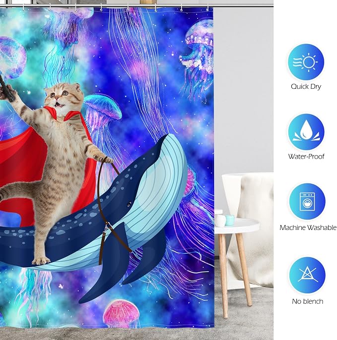 Aimego Stall Small Shower Curtain - Funny Cute Cat Riding Whale on Fantasy Space Galaxy Jellyfish Narrow Half Fabric Cloth Shower Curtain Set for Kids Bathroom Decor Bath Curtain, 36"x72"