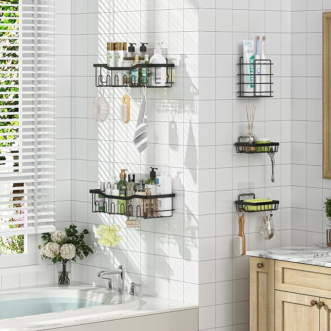 Simple Trending Shower Caddy, 5 Pack Stainless Steel Shower Shelves | Rustproof Shower Organizer with Large Capacity, No Drilling Bathroom Organizer Adhesive, Black Metal Storage Basket