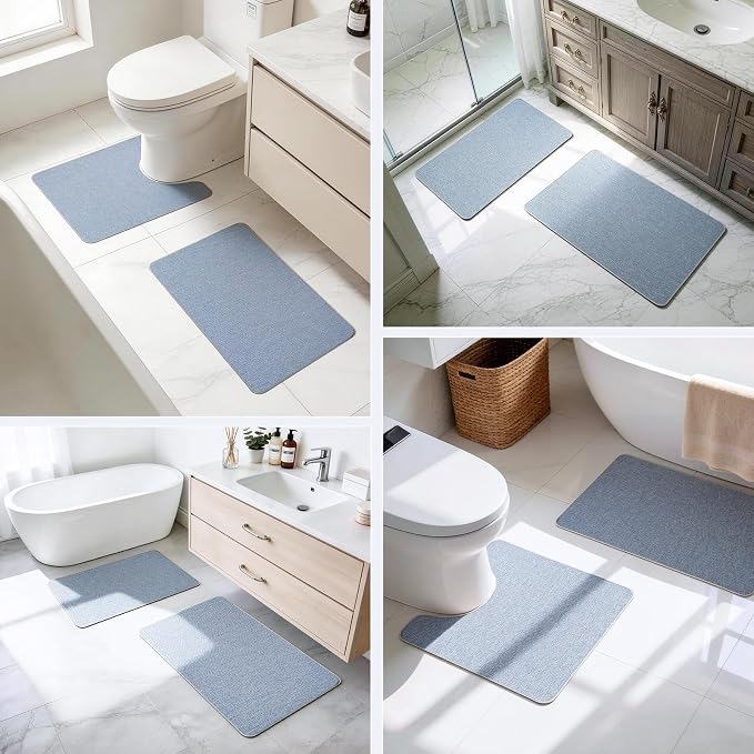 Bathroom Rugs Sets 2 Piece, Thin Bath Mat & U-Shaped Contour Toilet Rug Absorbent Quick Dry, Machine Washable, Non Slip Low Pile Bath Mats for Bathroom/Tub/Sink/Shower (27"x17" Plus 24"x20" U, Blue)