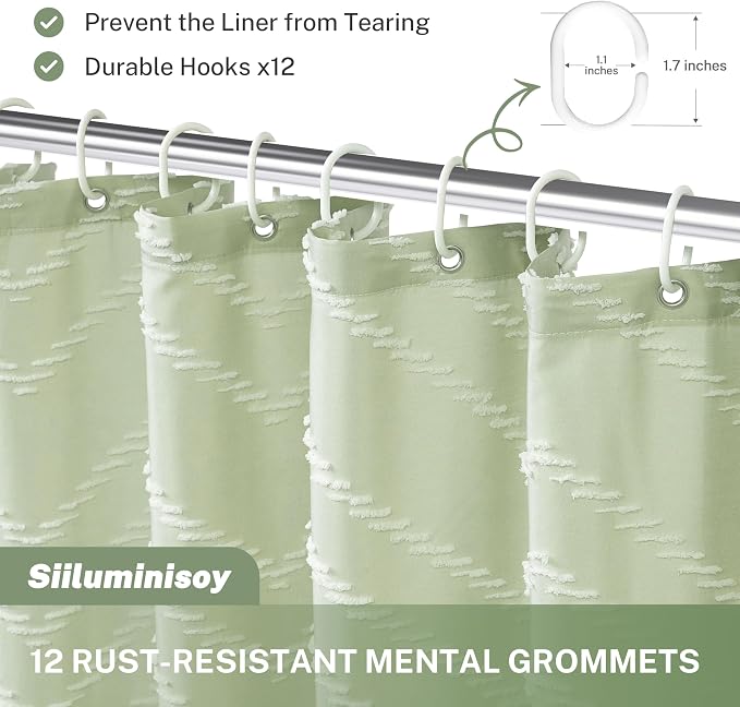 Siiluminisoy Extra Long Sage Green Boho Shower Curtain with White Tassel, Woven Fabric 84 in Shower Curtain, Tufted Chevron Striped, 72 x 84, Modern Chic Textured Minimalist Bathroom Shower