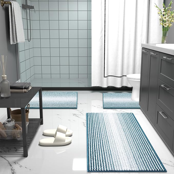 OLANLY Bathroom Runner Rugs 47x17, Chenille Striped Bath Rugs, Peacock Blue | Extra Soft Absorbent, Rubber Backing, Machine Wash Dry, Bath Mats for Bathroom Floor, Tub and Shower, Home Decor Accessories