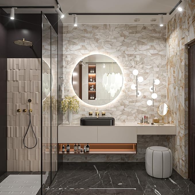 Keonjinn 30 Inch Round Backlit Mirror Bathroom, Safer HD Tempered Glass | 3 Color Lights, Quick Defogging, Dimmable, Memory Function, Hardwired/Plug in, Powder Room, Living Room Lighted Round Mirror
