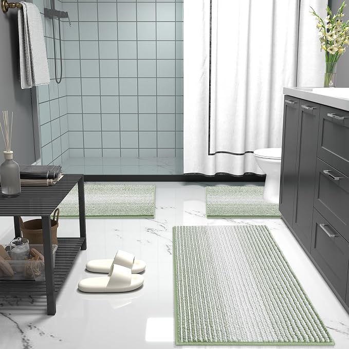 OLANLY Bathroom Runner Rugs 47x24, Chenille Striped Bath Rugs, Sage Green | Extra Soft Absorbent, Rubber Backing, Machine Wash Dry, Bath Mats for Bathroom Floor, Tub and Shower, Home Decor Accessories