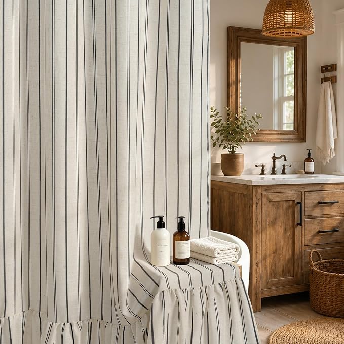 Yinhua Farmhouse Linen Shower Curtain with Ruffle, Black Striped Waterproof Shower Curtains for Bathroom, Country Vintage Bath Curtain with 12 Metal Hooks, Weighted Washable Fabric, 72" W x 84" L