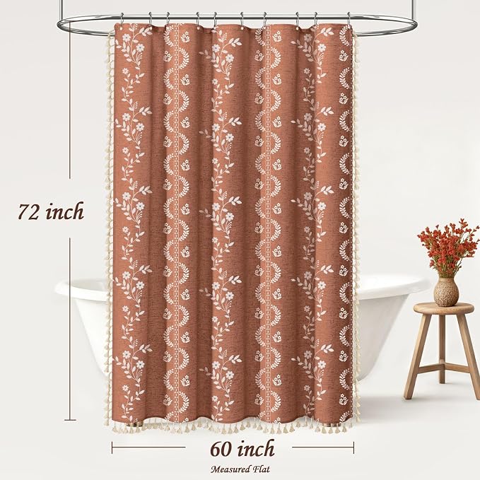 Boho Terracotta Vintage Shower Curtain with Tassels | 60 x 72 Inch,Bohemian Floral Linen Fabric Pattern Curtain Curtain For Bathroom