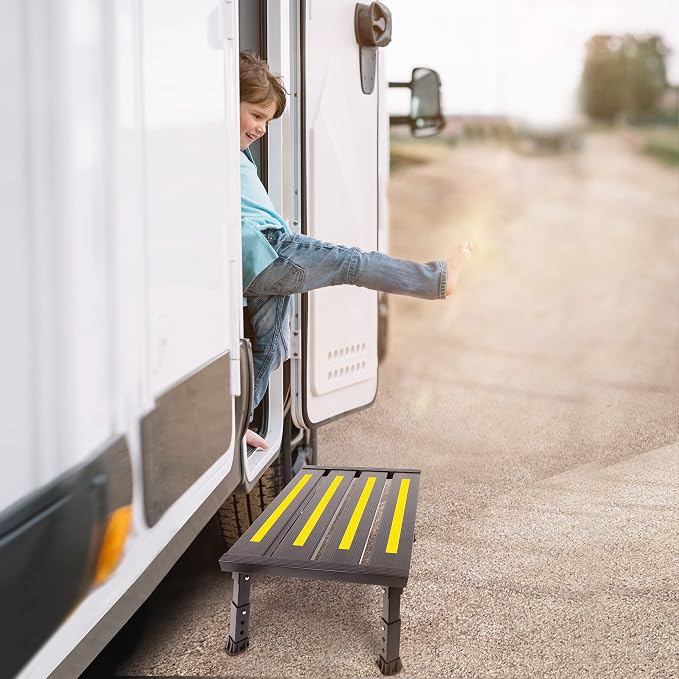 Adjustable RV Step Stool, Wide Platform, Foldable Legs, Black | 3 Height Settings, 1,000-lb Capacity, Aluminum Frame, Non-Slip Rubber Feet, Portable Step for Camper Stairs and Trailers