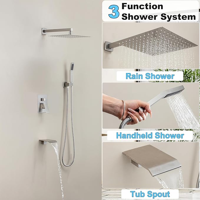 Shower System with 10-Inch Rain Head and Tub Spout | All-Metal Tub Shower Faucet Set, Wall Mounted Rain Showerhead, Handheld Spray, Includes Valve and Trim Kit, Brushed Nickel