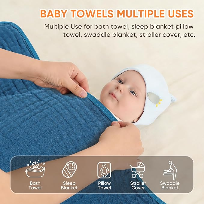 MIGIOL Muslin Baby Towels 100% Cotton ,Super Soft Muslin Baby Bath Towel - 32 x 32 Inches, Suitable for Newborn and Young Children up to 3 Years Old. (Light Blue & Dark Blue)
