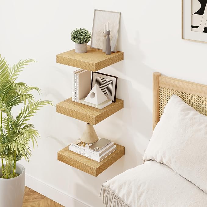 Marsmiles 8in Depth Floating Shelves, 8x8x1.4, Oak, Set of 3 | Small Wall Mounted Square Shelves, Engineered Wood, Invisible Brackets, Living Room, Bedroom, Bathroom, Kitchen Decor