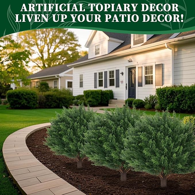 2Pack Artificial Cedar Topiary Ball Trees Outdoor, UV Resistant | Fake Shrubs Bushes with Ground Spike, Evergreen Faux Cypress Plants for Outdoor Indoor Front Porch Garden Decor