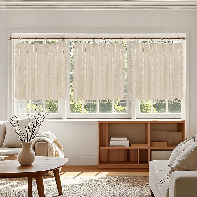 Seenus Beige Boho Farmhouse Window Curtain with Tassels, 30 x 36 Inch Light Filtering Sheer Short Cafe Window Curtain Tier, Linen Textured Pleated Small Window Drape for Kitchen or Bathroom, 1 Panel