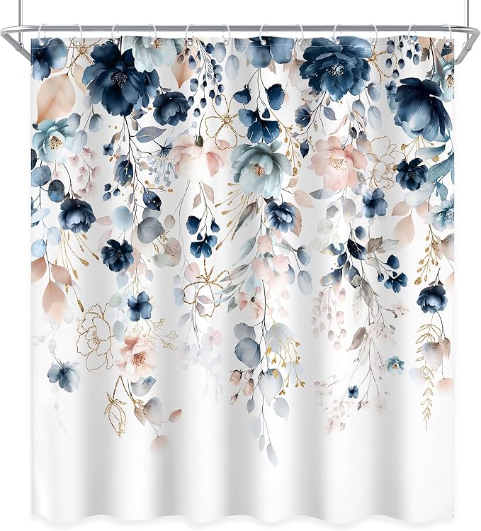 Extra Long Flower Spring Blue Pink Bathroom Shower Curtain Set | 72"W x 78"L Floral Wilfflower look, waterproof HD printed shower curtain, quick-dry fabric and free hooks.