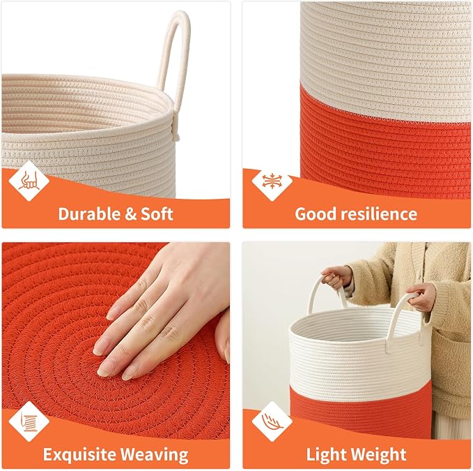 Woven Laundry Hamper Tall Rope Storage Basket for Blanket oys Dirty Clothes in Living Room Bathroom Bedroom (White&Orange, 80L/21.3Gal)