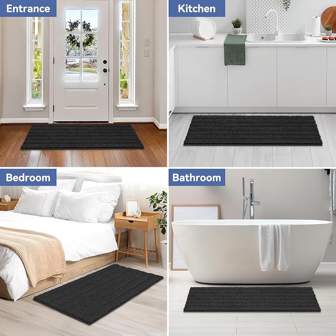 Bcoimo Bath Rug Mat, 48x24 Chenille Non Slip Black Long Bathroom Runner Rug | Extra Soft Bathroom Floor Mats;Non Slip with Rubber Back Bath Mats;High Absorbent, Quick Dry Microfiber mat; Machine Washable