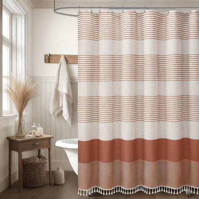 Coral Boho Linen Striped Shower Curtain with Tassel 72" W X 72" L | Boho Farmhouse Shower Curtains with Linen Texture for Bathroom Decor