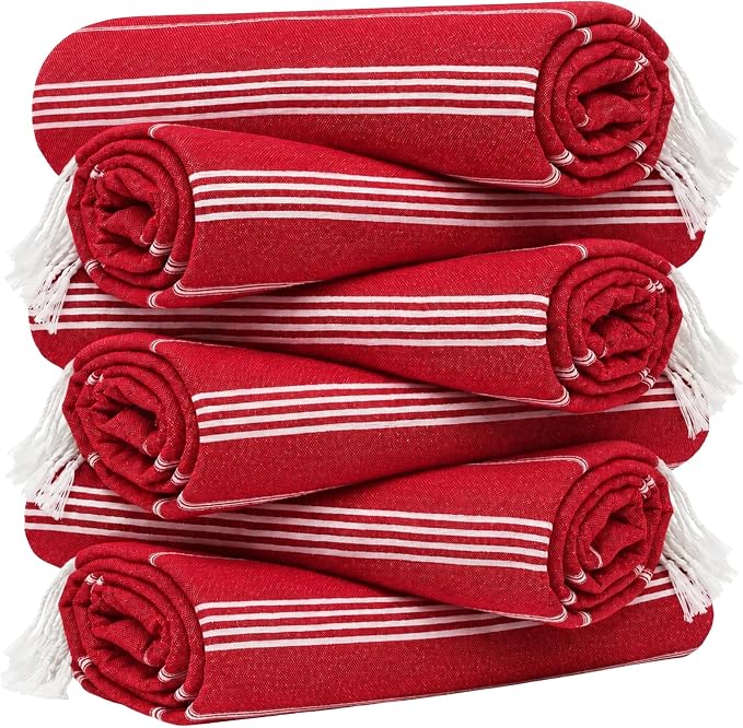 Turkish Beach Towel Set of 6 Oversized 72x40 100% Turkish Cotton | Soft Hammam Peshtemal, Sand Free, Quick-Dry, Absorbent Bath Towel | Lightweight & Compact for Travel, Pool, Gym, Spa - Red