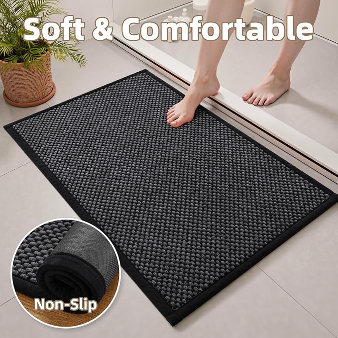 PADOOR-Bath Mat-Super Absorbent Chenille Bathroom Mats-Rubber Backed Bath Mats for Bathroom Non Slip, Easy Clean Bathroom Rugs Front of Bathtub,Shower Room,Sink-17×35, Darkgrey&Black