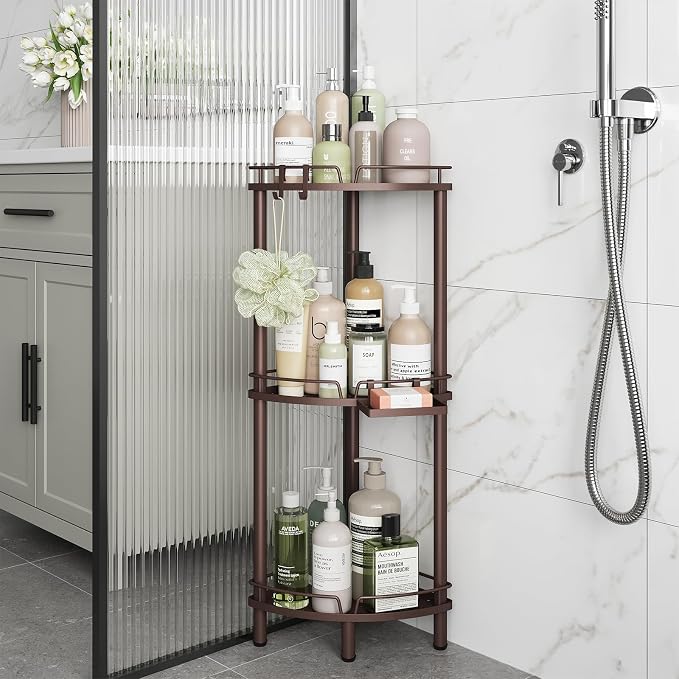 ELYKEN Corner Shower Caddy Standing, 3 Tier Metal Shower Organizer, Bronze | Stainless Steel Shower Shelves with Soap Holder, Adjustable Feet & 2 Hooks for Storing Bath Essentials in Bathroom corner