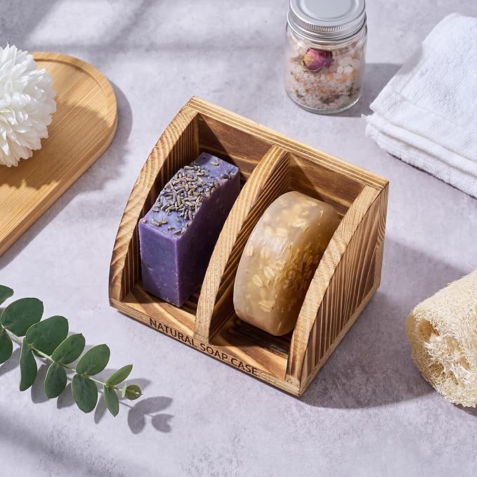 Wooden Shampoo Bar Holder Multi Bar Soap Dish with Self Draining, 2 Slot, Natural Soap Holder for Shower Conditioner Bathroom Organizer, Keep Dry and Neat, 4.33 x 3.35 x 3.15 Inch