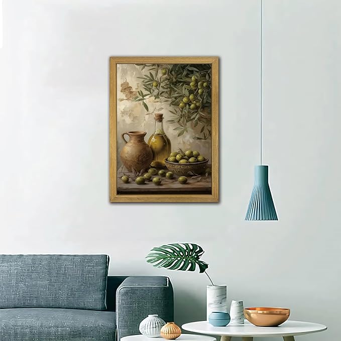 Wood Framed Olive Kitchen Wall Art, Vintage Rustic Still Life Canvas Print, Green Olives Poster Print Picture, Fruit Wall Decor Painting for Dining Room Cafe Restaurant Farmhouse Home Decor 12x16 inch
