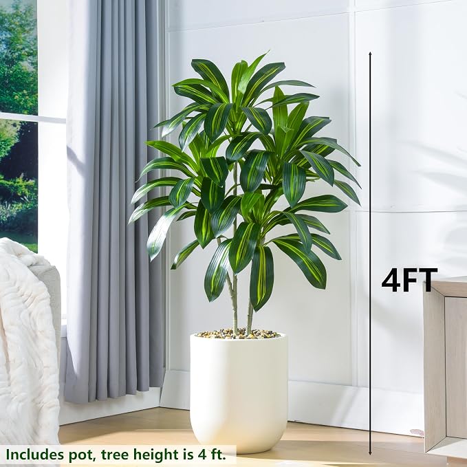 2 Pack Artificial Dracaena Tree, 4FT Fake Indoor Plant with White Planter | Faux Silk Yucca Tree for Home Office Living Room Bedroom Farmhouse Modern Outdoor Topiary Tree