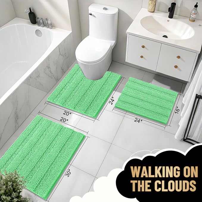 OLANLY Thick Small Bathroom Rugs 24x16, Soft Chenille Bath Rugs, Mint Green | Rubber Backing, Machine Wash, Extra Absorbent Striped Bath Mats for Bathroom Floor, Tub and Shower, Home Decor Accessories