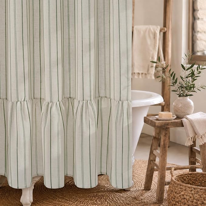 Yinhua Farmhouse Shower Curtain with Ruffle, Green Striped Linen Shower Curtains Set with Hooks for Bathroom, Country Vintage Long Bath Curtain Waterproof Weighted Washable Fabric, 72" W x 84" L