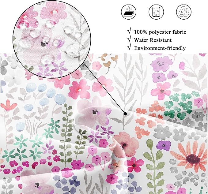 Hot Pink Floral Purple Colorful Cute Funny Art Bathroom Shower Curtain Set | 72"W x 72"H Botanical Leaves; waterproof HD print, quick-dry fabric with 12 hooks for easy hanging.