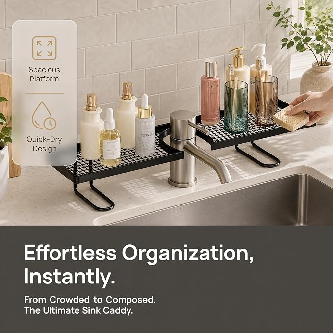 No-Drill Over Sink Organizer Rack, Freestanding Carbon Steel Faucet Storage Caddy, Tool-Free Bathroom Countertop Shelf, Space-Saving Sink Organizer with Quick Drainage (Black)