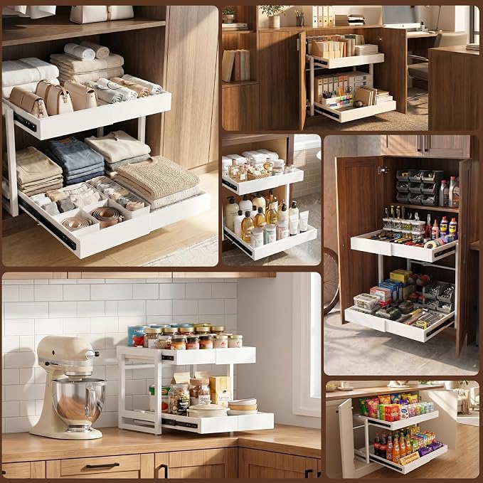 2-Tier Expandable Pull Out Cabinet Organizer, Heavy Duty Adjustable Width Metal Slide Out Shelf, No Screw Cabinet Storage Rack for Kitchen Bathroom 17in Depth Cabinet(White)