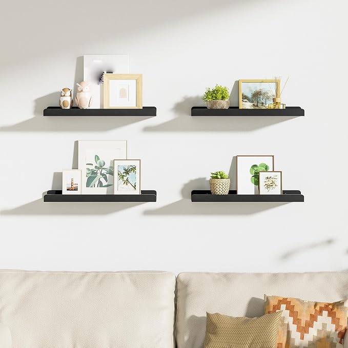Love-KANKEI 15.6" Black Floating Wall Shelves with Lip,Solid Wood,Set of 4 | Protective Ledge,Easy to Install,18 Lbs/shelf,For Bedroom Living Room Bathroom Kitchen Office,Nursery Display,Wall Decor