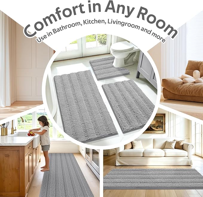 Striped Light Grey Bathroom Rug Mat Set 2 piece 32"x20"+60"x20" Ultra Soft, Non Slip Chenille Bath Rugs, Absorbent Plush Shaggy Bath Mats for Bathroom, Bedroom, Kitchen, Shower, Tub,Light Gray