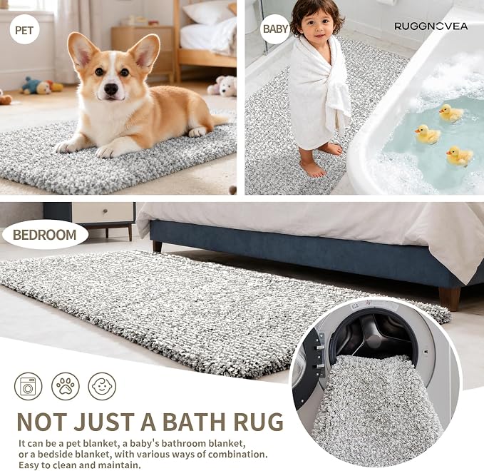 Bathroom Rugs Non Slip Washable 48x24,Ultra Soft Thick Shaggy Absorbent Bath Mats,High Density Foam Latex Non Slip Backing Bath Rugs,Microfiber Bath Mats for Bathroom Floor&Sink,White Grey