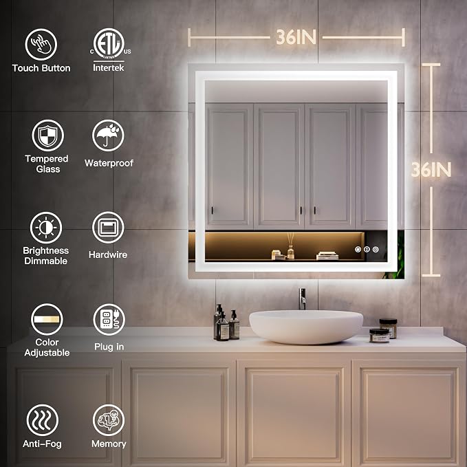 ISKM 36x36 LED Mirror for Bathroom, Front and Back Lit, Anti-Fog, Dimmable | Memory Function,ETL,3 Color Temps 3000K-6000K,IP65 Waterproof ,Tempered Glass, Plug in or Hardwired, for Makeup & Shaving
