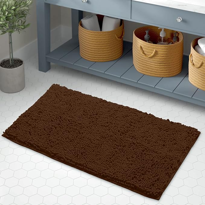 LuxUrux Bath Mat, Extra-Soft Plush Non-Slip Bathroom Rug, Luxury Chenille Microfiber Material, Super Absorbent Shaggy Bath Rug. Machine Wash & Dry (17 x 24 inches, Brown)
