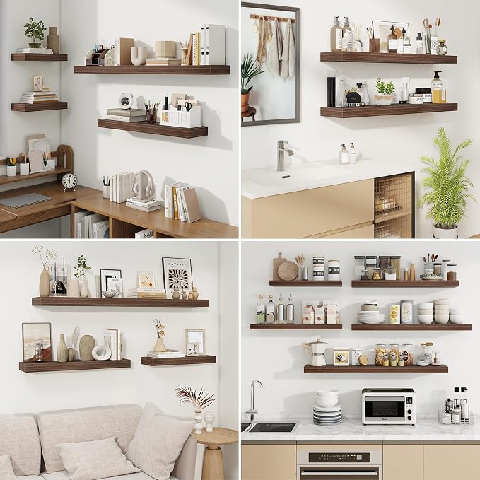 fuqing Floating Shelves for Wall, Wall Mounted Wood Floating Shelf with Invisible Brackets for Living Room, Bathroom, Bedroom, Kitchen Storage and Decor, 24 Inch Set of 2, Walnut