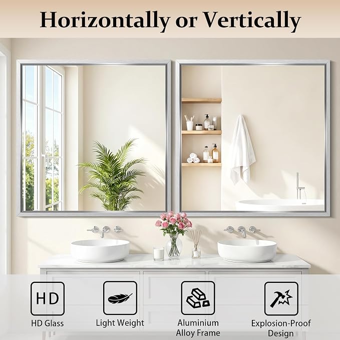 COFENY Bathroom Mirror, 36x36 Brushed Silver Square Mirrors, Thickened Deep Metal Frame Bathroom Vanity Mirrors for Over Sink, Bedroom, Entryway, HD Tempered Glass, Horizontally or Vertically
