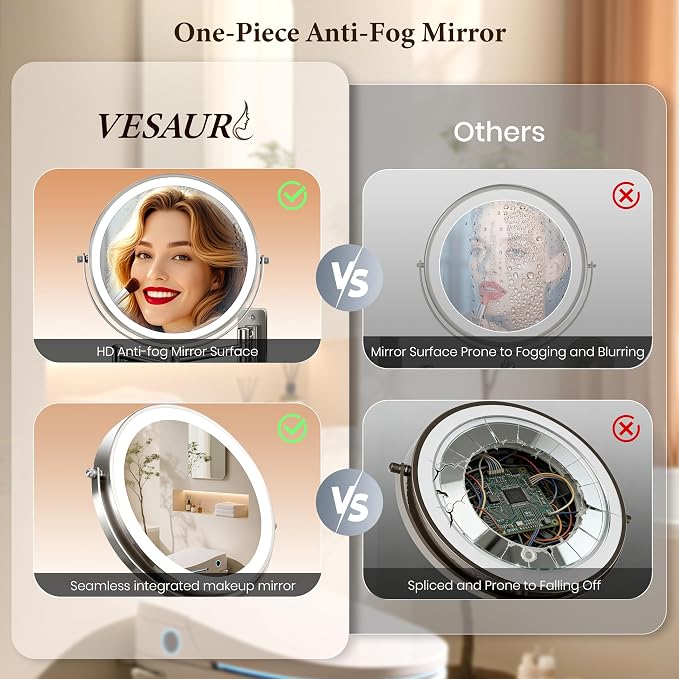9" Large Wall Mounted Lighted Makeup Mirror, 5000mAh Rechargeable 1X/20X Magnifying Mirror with 3 Color Lights Touch Dimmable, Extended Arm 360° Swivel Bathroom Wall Mounted Makeup Mirror,Pearl Nickel